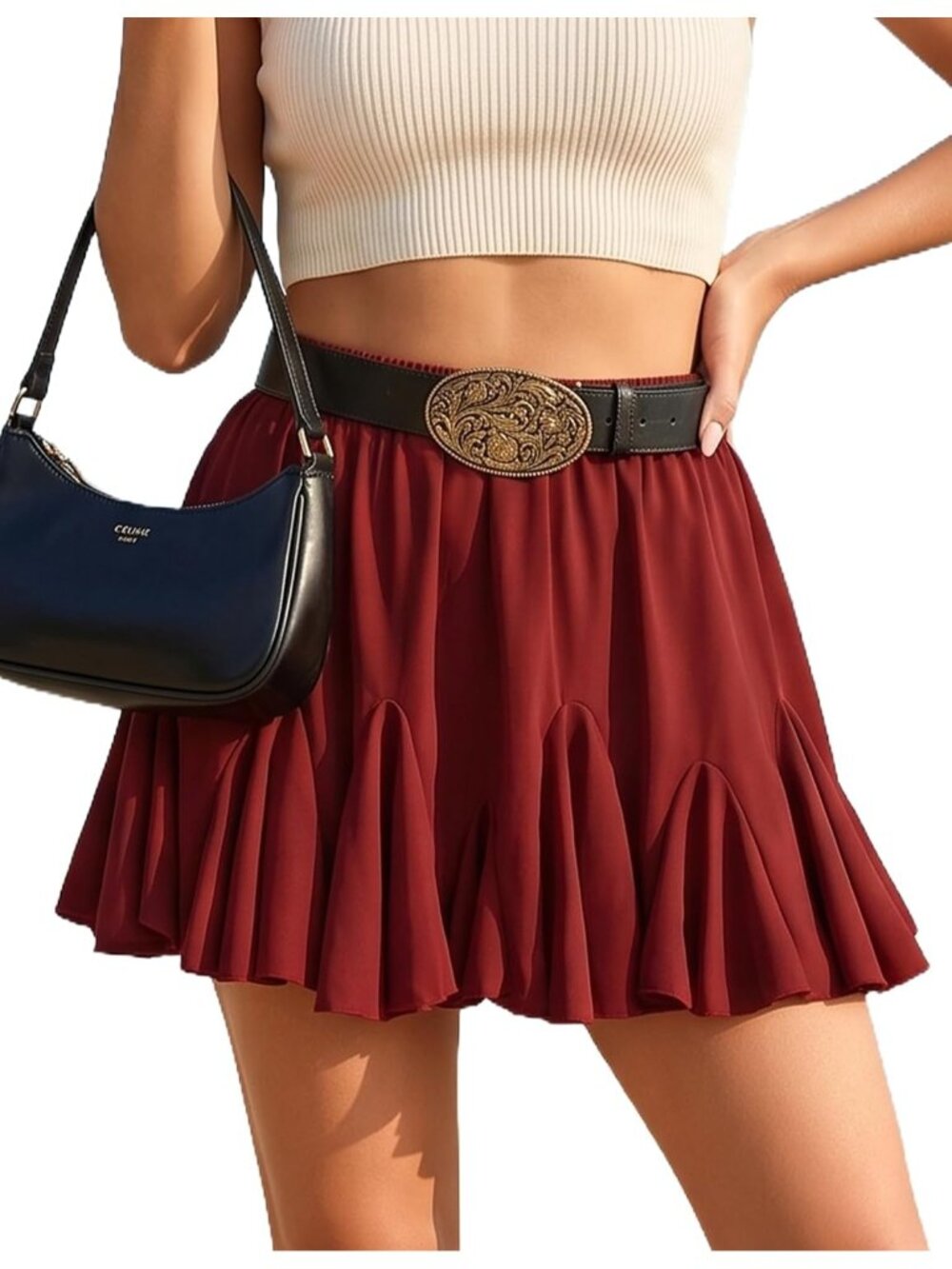 Women Wine Red Pleated Flared Ruffle Elastic Waistband Classic Mini Skater Skirt